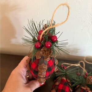 Hobby Lobby Red and Black Plaid Pinecone Ornaments